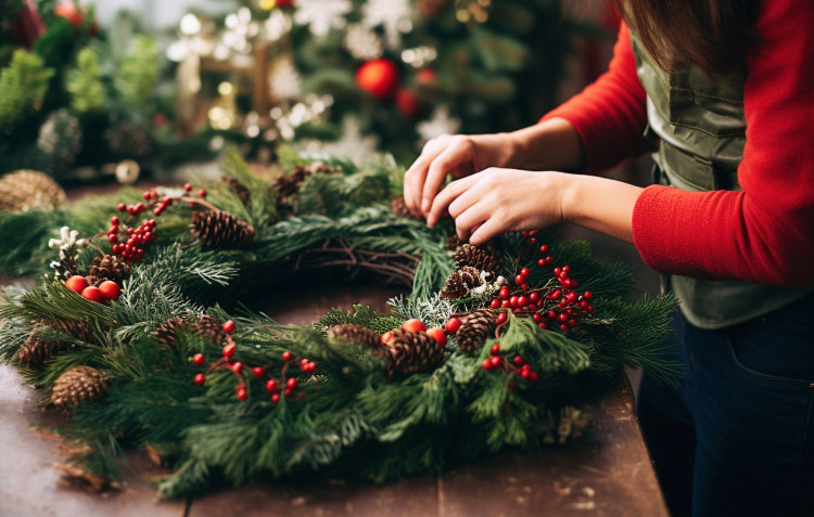 person making a homemade christmas wreath