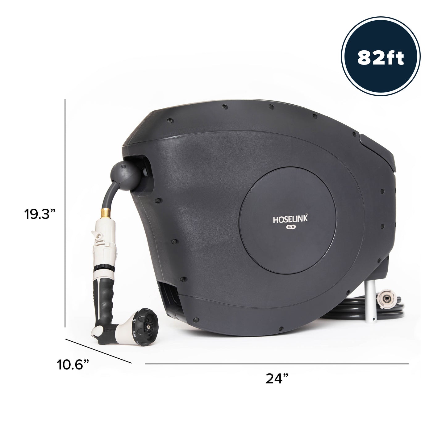 Graphic showing height, length and width of Charcoal 82ft Retractable Garden Hose Reel
