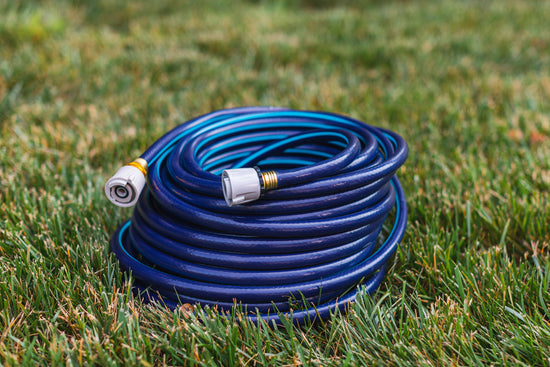 blue-garden-hose-coiled-on-grass-with-Hoselink-connectors-on-either-end-of-the-hose