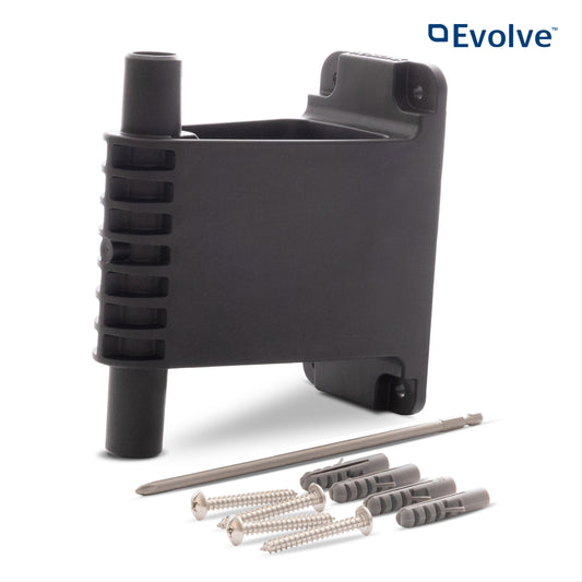Evolve wall bracket, four screws, 4 wall plugs and drill bit on a white background