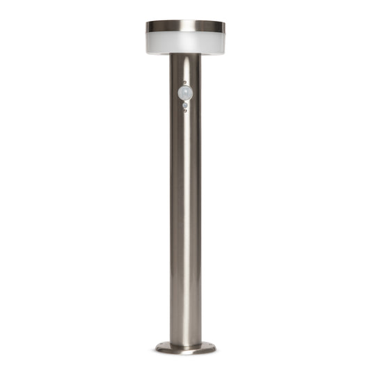 Stainless Steel Solar Bollard on white background.