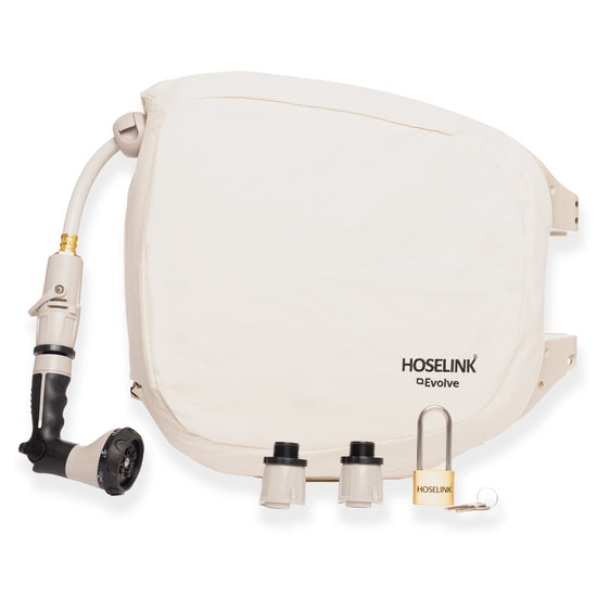 Hoselink Evolve Hose Reel and Cover with padlock and connectors on white background