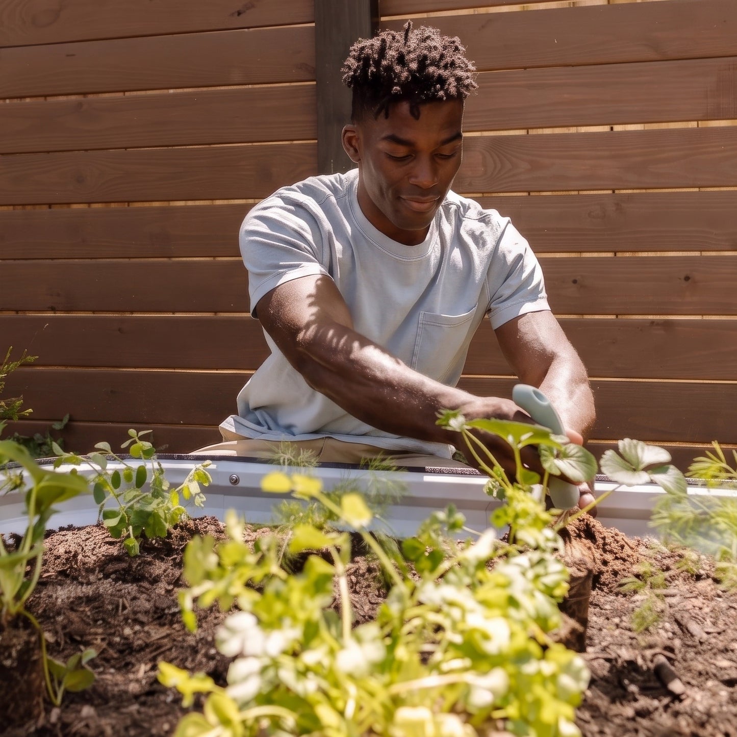Man tending to plants in a garden bed with a wooden fence in the background
