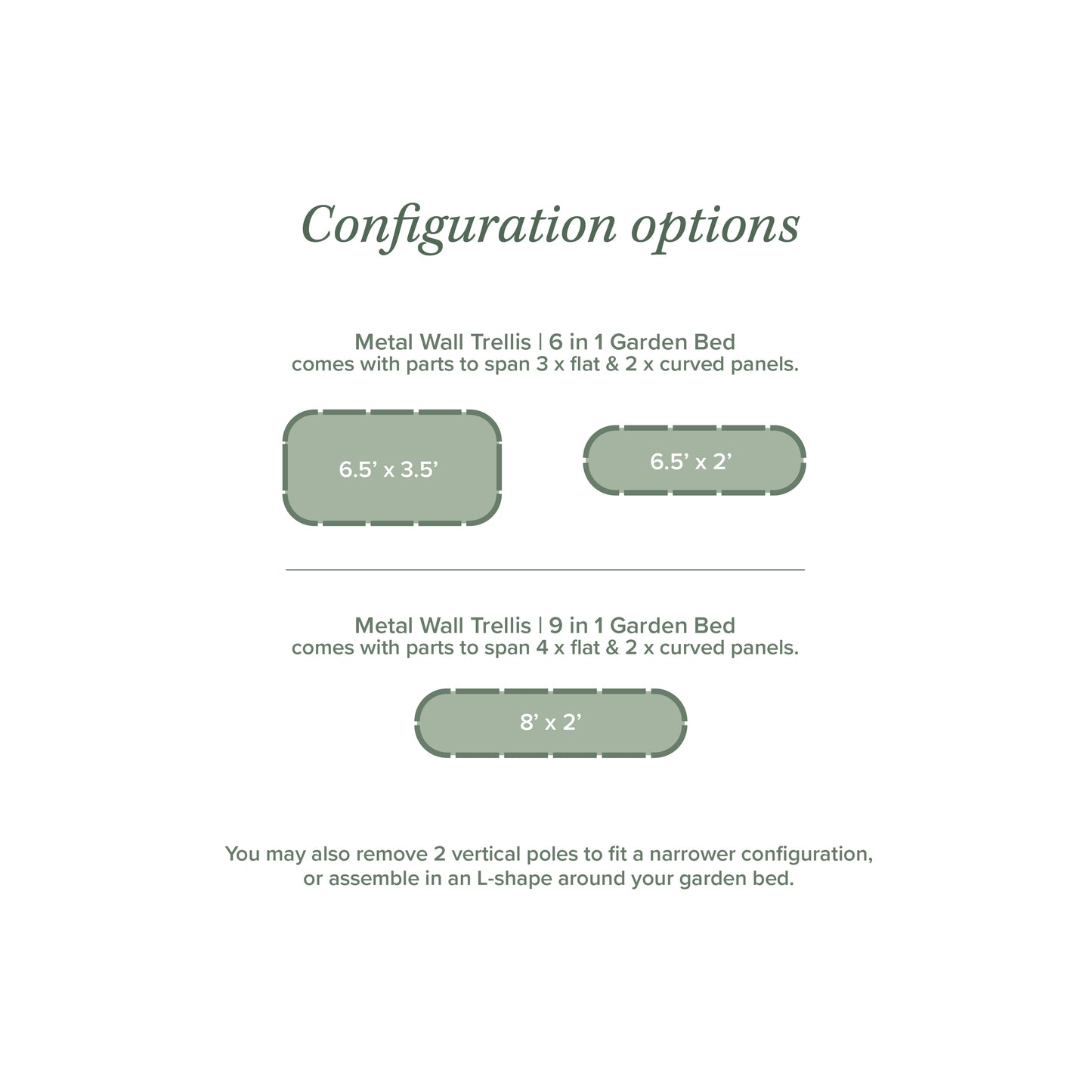 Configuration options diagram showing different compatible garden bed layouts for the 6 in 1 Metal Wall Trellis, with labeled panel dimensions on a white background.