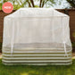 A white mesh garden cover with a peaked roof is shown draped over a corrugated garden bed in a backyard setting, with grass, a wooden fence, and trees in the background. A pink 'NEW' badge is in the top-left corner.