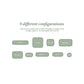 A white informational graphic showing the text '9 different configurations' above six muted green bed-size outline options with dimensions such as8' x 2', 5' x 5',  6.5' x 2', 3.5' x 3.5', 5' x .5', 3.5' x 2', 5' x 2' and 2' x 2'.