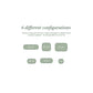 A white informational graphic showing the text '6 different configurations' above six muted green bed-size outline options with dimensions such as 6.5' x 2', 3.5' x 3.5', 5' x .5', 3.5' x 2', 5' x 2' and 2' x 2'.