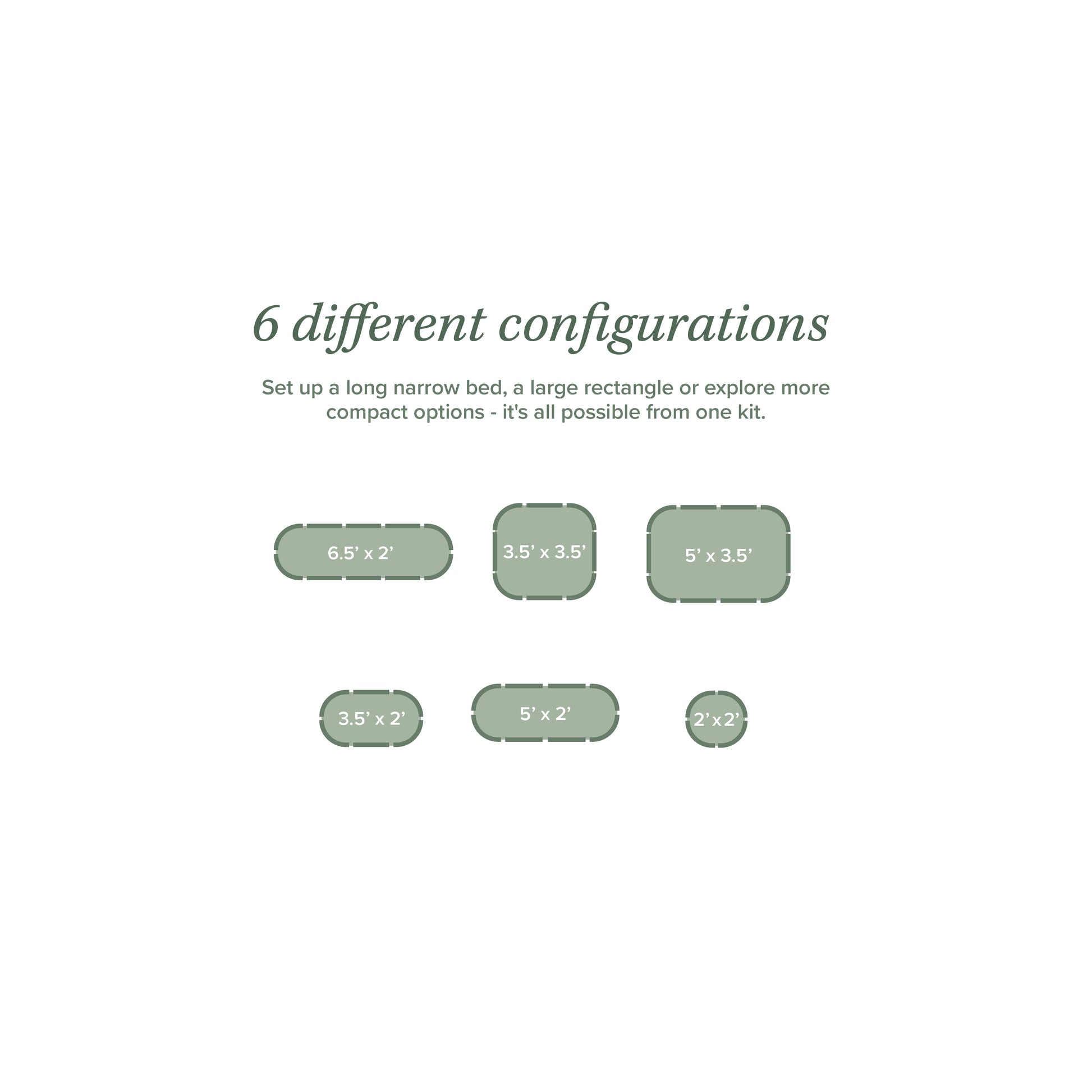 A white informational graphic showing the text '6 different configurations' above six muted green bed-size outline options with dimensions such as 6.5' x 2', 3.5' x 3.5', 5' x .5', 3.5' x 2', 5' x 2' and 2' x 2'.