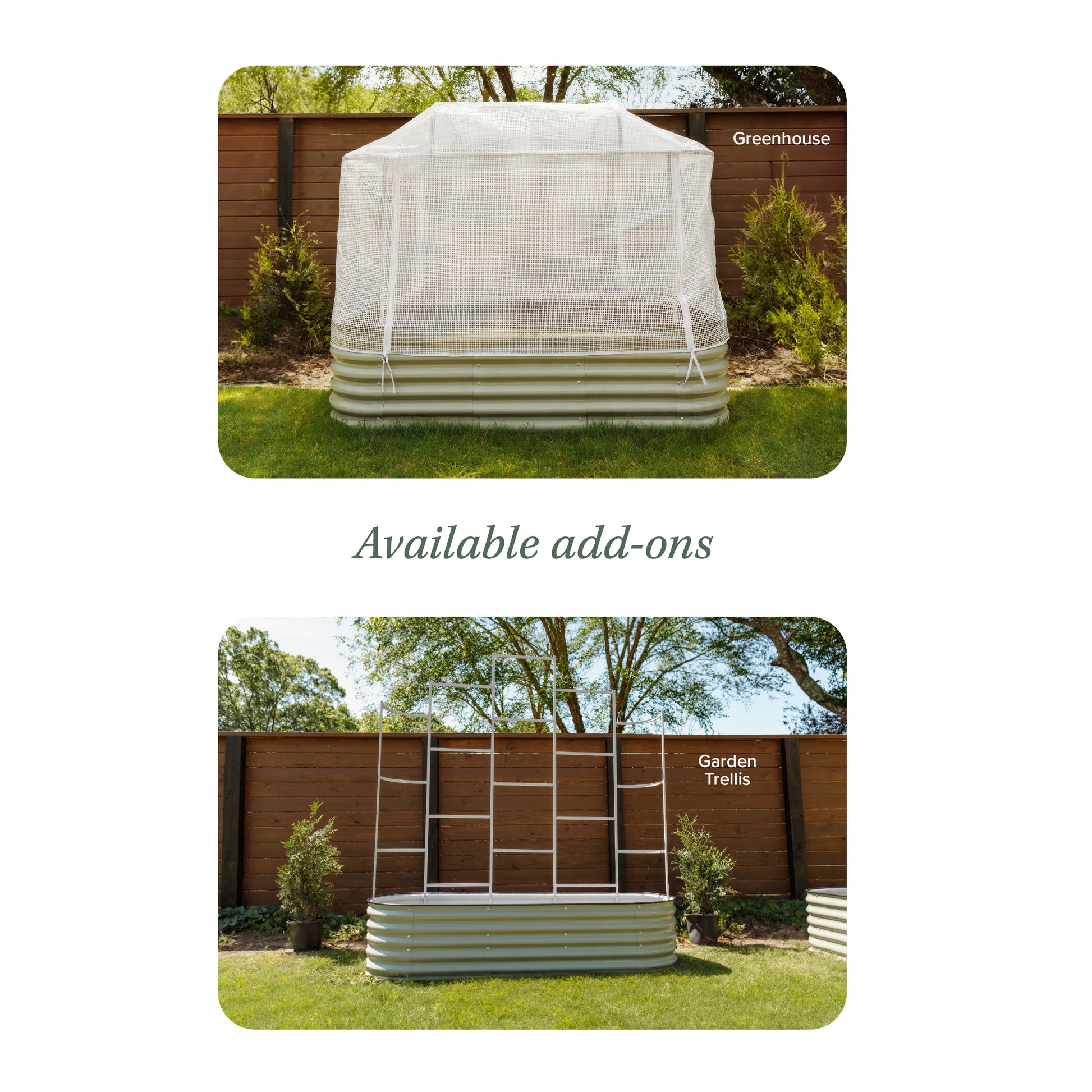 A composite product listing graphic showing a white mesh year-round greenhouse system on a lawn in a backyard, with a second inset showing a metal wall trellis attachment. Text reads 'Year-round Greenhouse System' and 'Metal Wall Trellis' with 'Available add-ons' centered between the two photos.