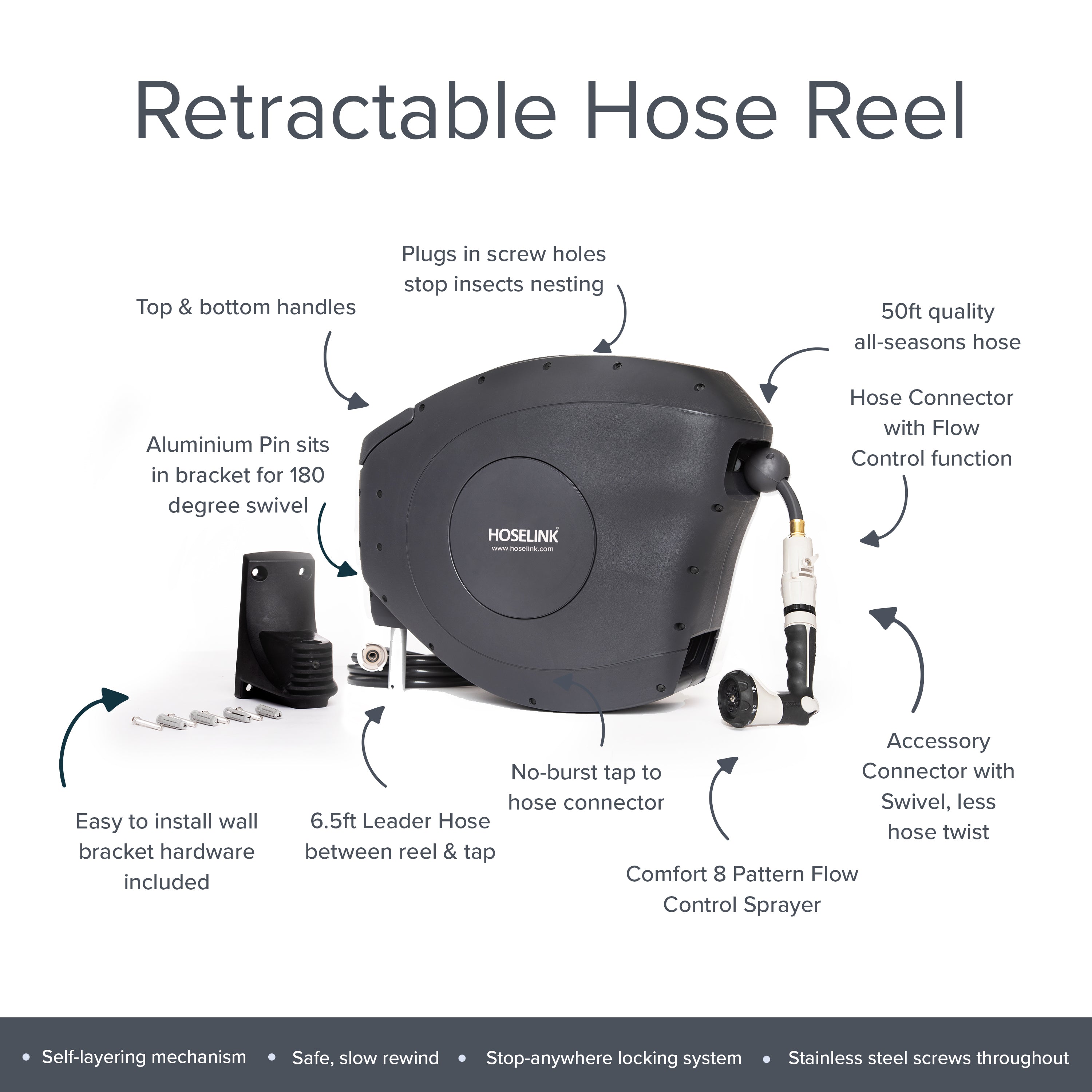 Macnaught Retractable Garden Hose Reel, 60 Ft Water Hose Reel Heavy
