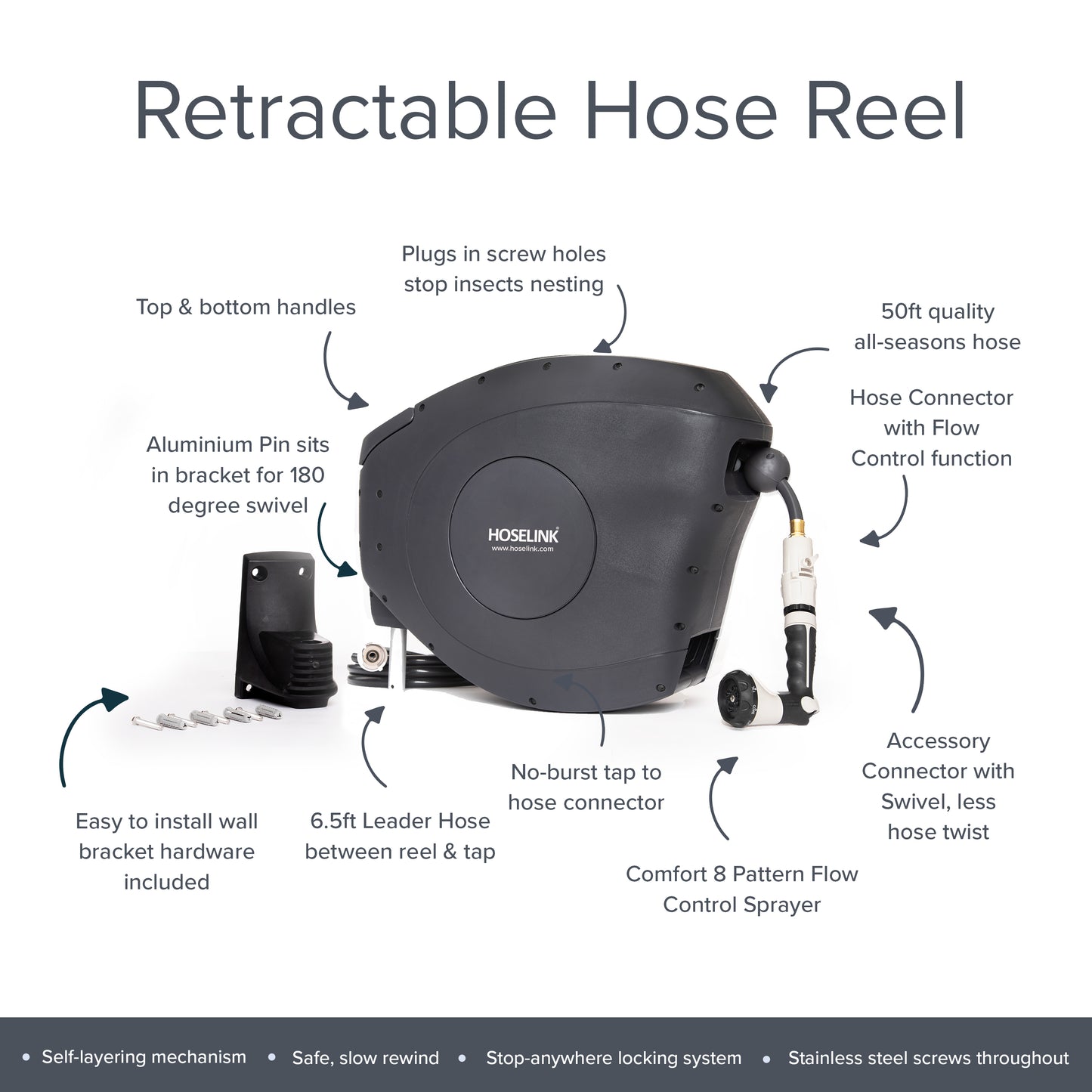 Classic 50ft Hi-Flow Retractable Hose Reel | Charcoal