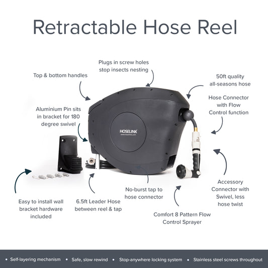 Classic 50ft Hi-Flow Retractable Hose Reel | Charcoal