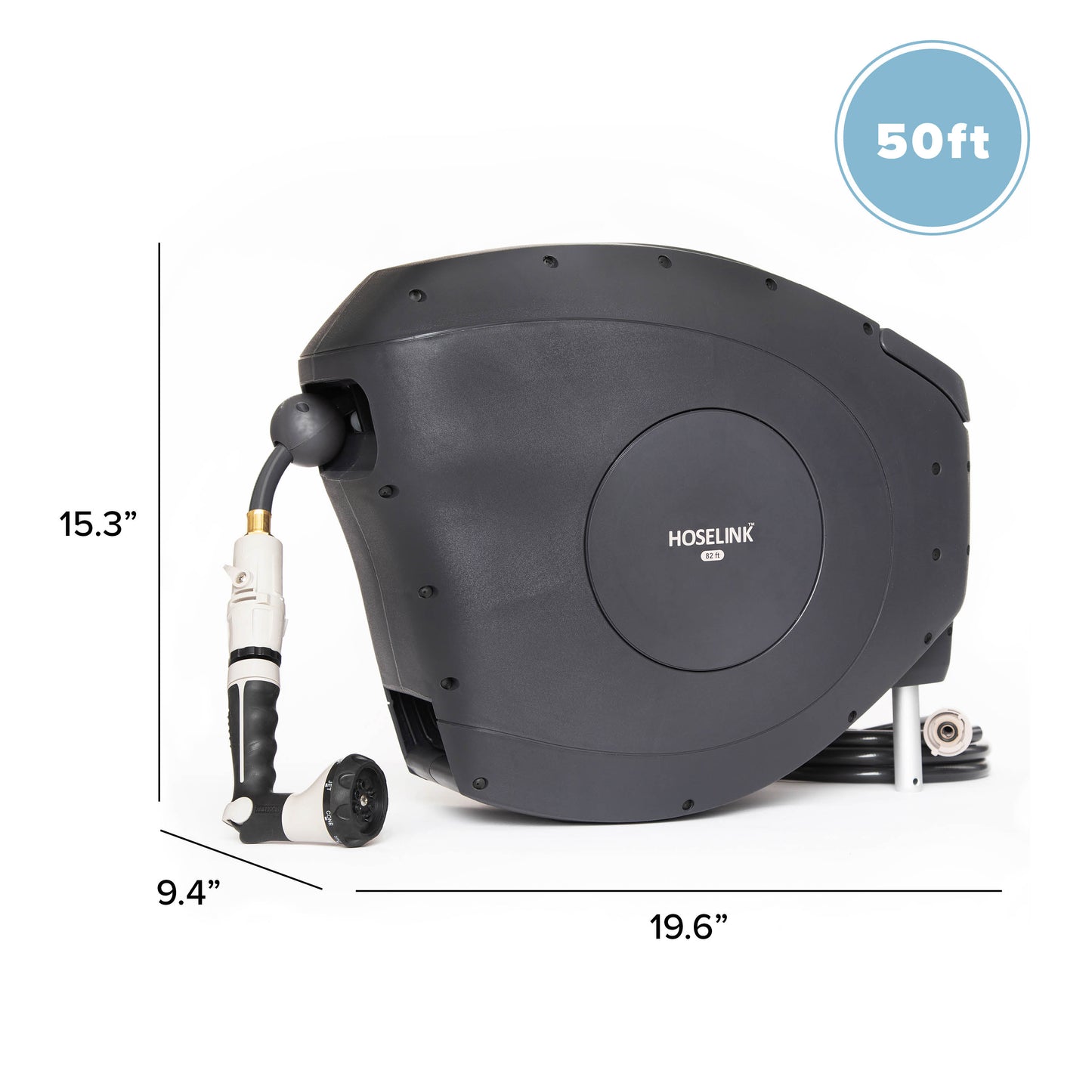 Graphic showing height, length and width of Charcoal 50ft Retractable Garden Hose Reel