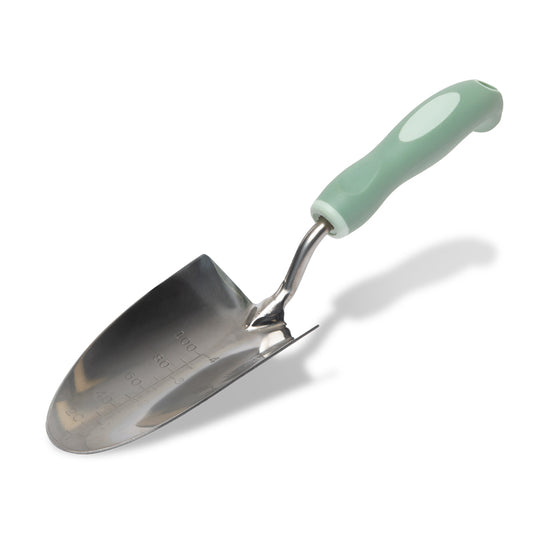 Gardening trowel with a green handle on a white background