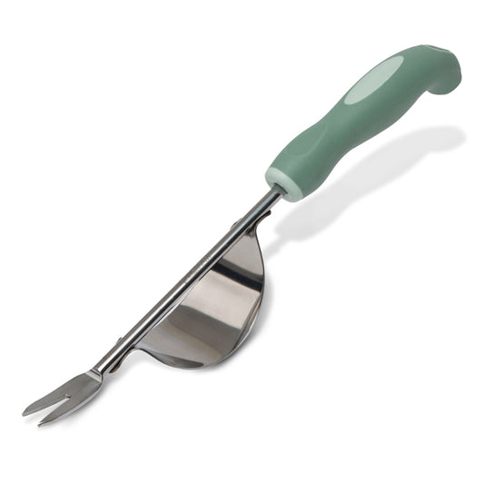 Gardening weeder with green handle on a white background