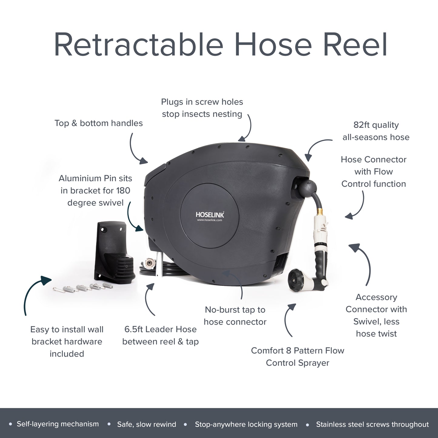Classic 82ft Hi-Flow Retractable Hose Reel | Charcoal