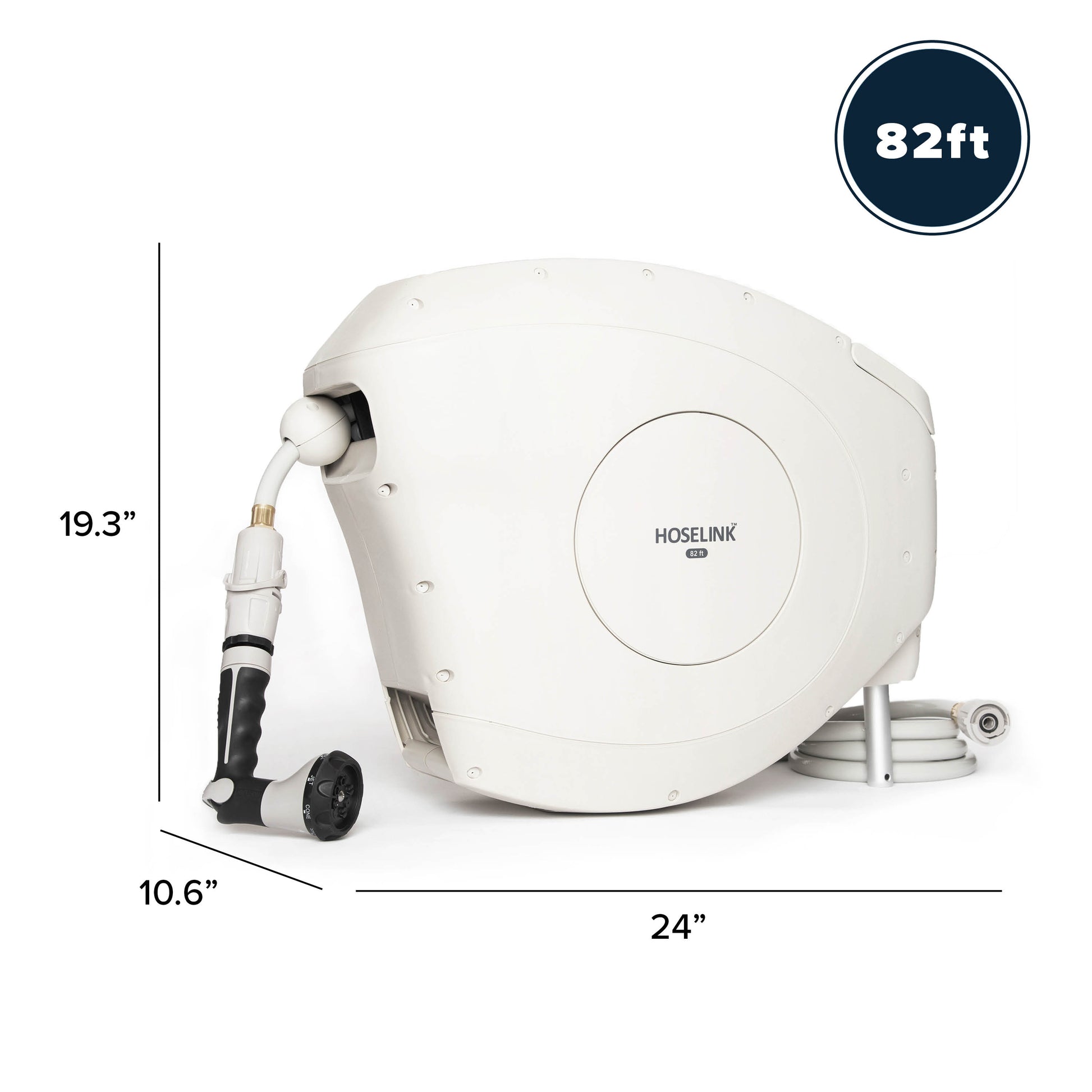 Graphic showing height, length and width of Beige 82ft Retractable Garden Hose Reel