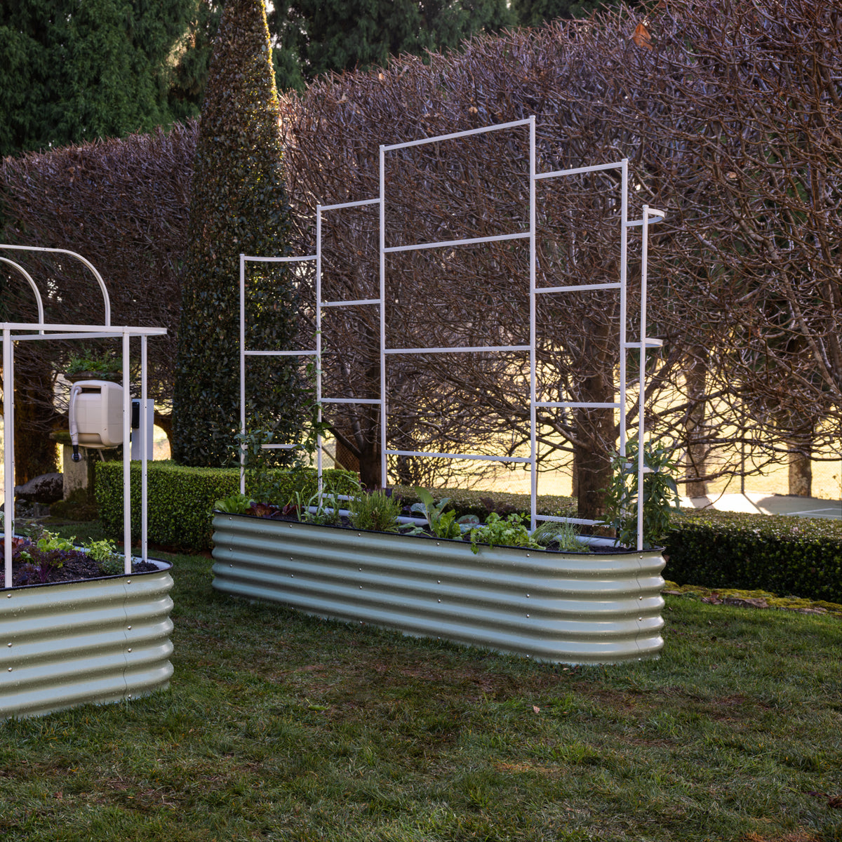 9 in 1 metal wall trellis attached to 9 in 1 Garden Bed on grass in front of trees