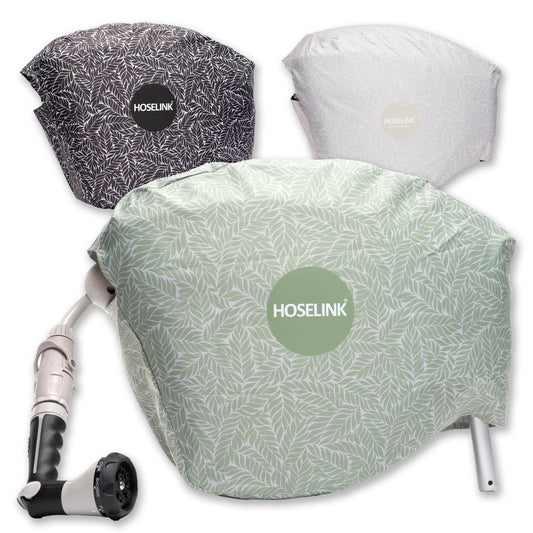 collection of hoselink classic hose reel covers in beige, charcal and green fern on a white background