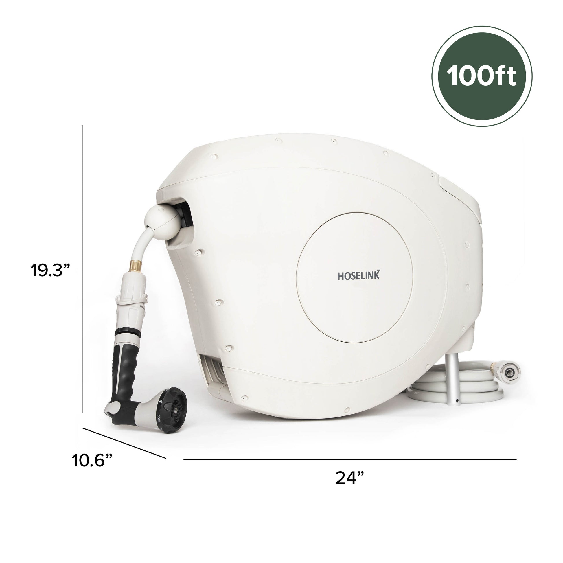 Graphic showing height, length and width of Beige 100ft Retractable Garden Hose Reel