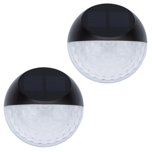 Two decorative round solar wall lights on a white background