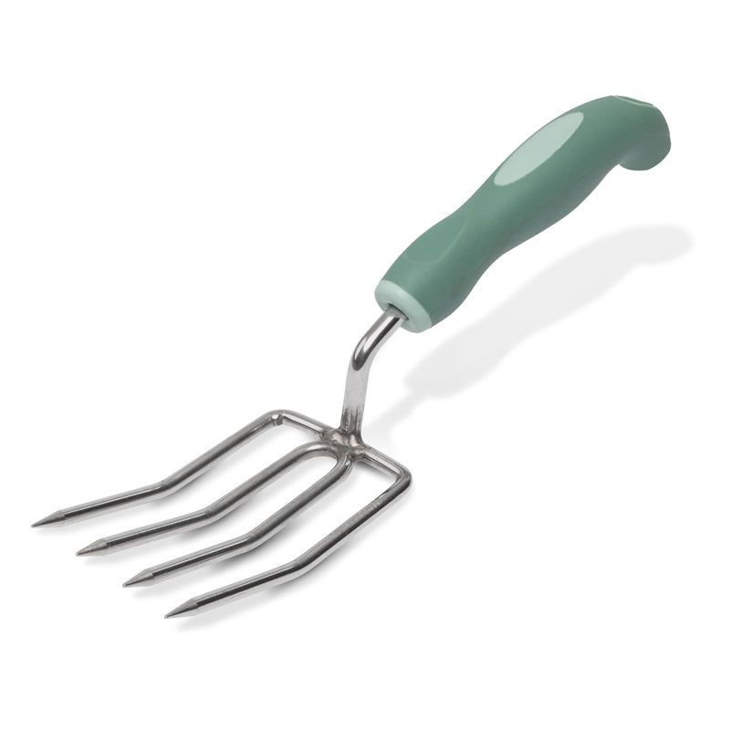 Gardening tool with a green handle on a white background