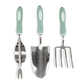 Garden tool kit with green handles on a white background