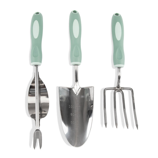 Garden tool kit with green handles on a white background