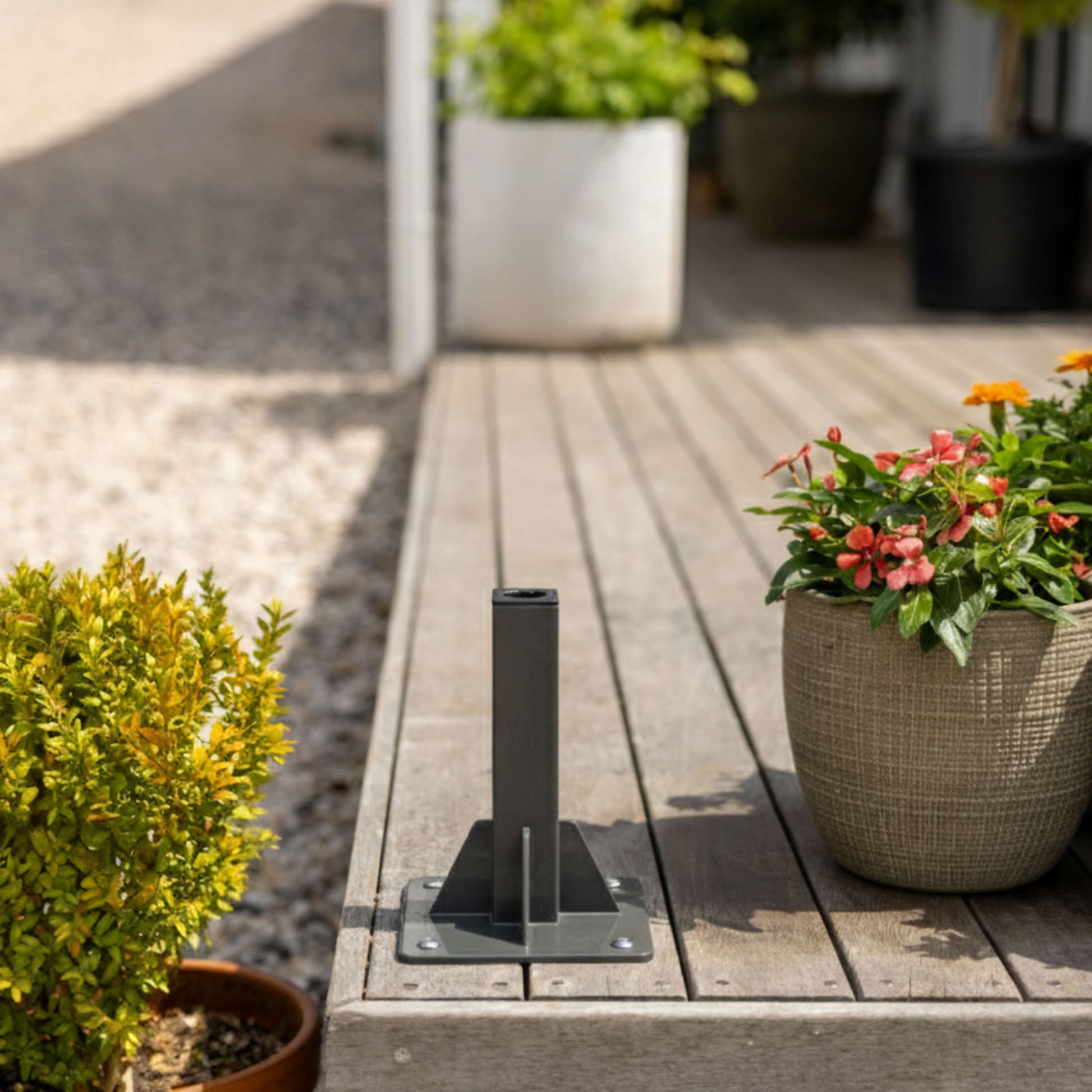 Ground Mount Classic Series on a wooden deck with potted plants