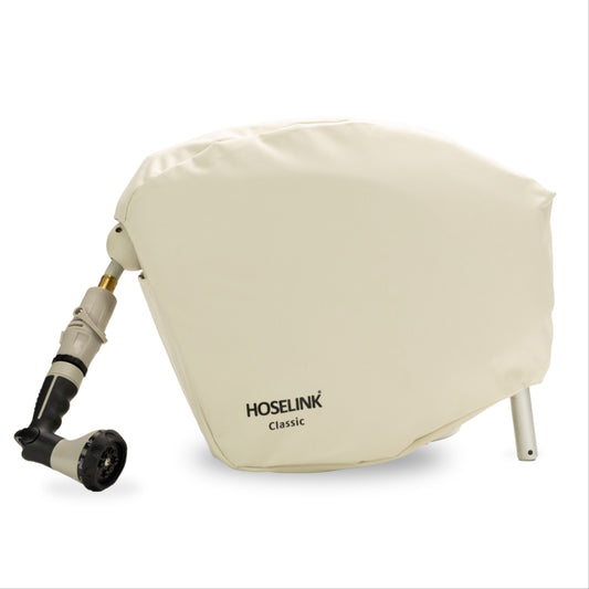 Beige hose reel with Hoselink classic cover on a white background