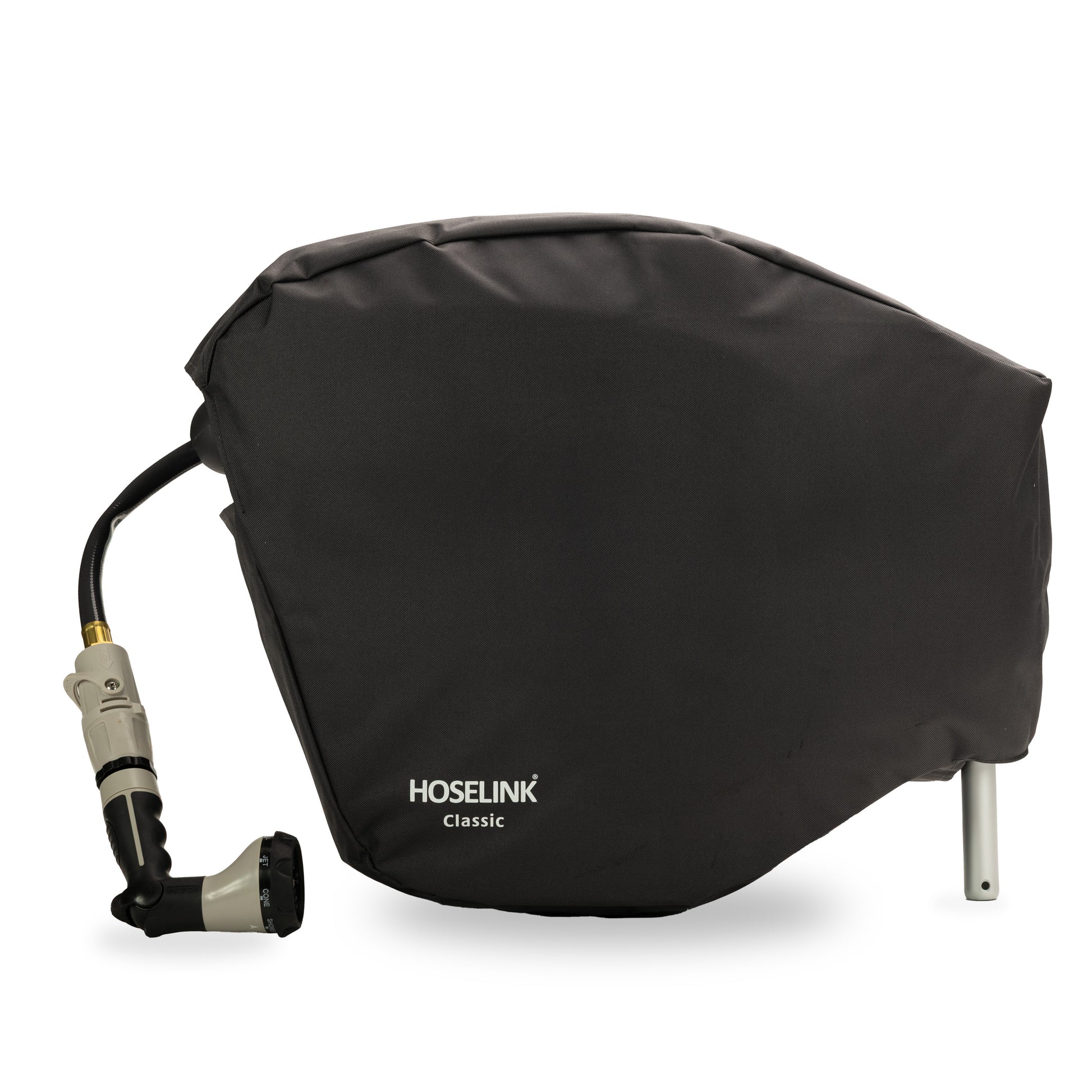 Charcoal hose reel with Hoselink classic cover on a white background