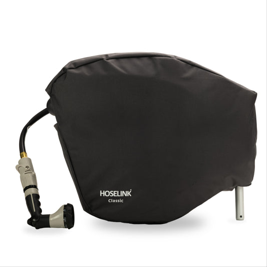 Charcoal hose reel with Hoselink classic cover on a white background