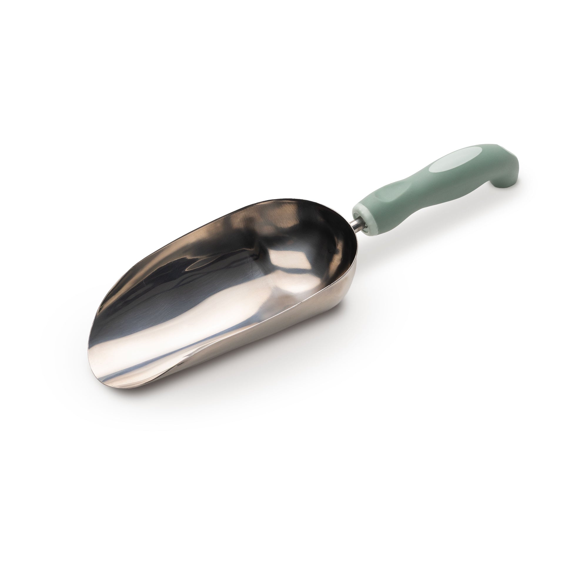 Metal garden potting scoop with a green handle on a white background