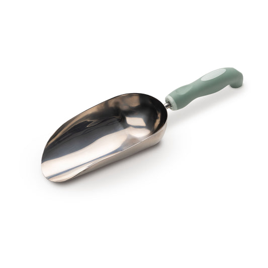 Metal garden potting scoop with a green handle on a white background
