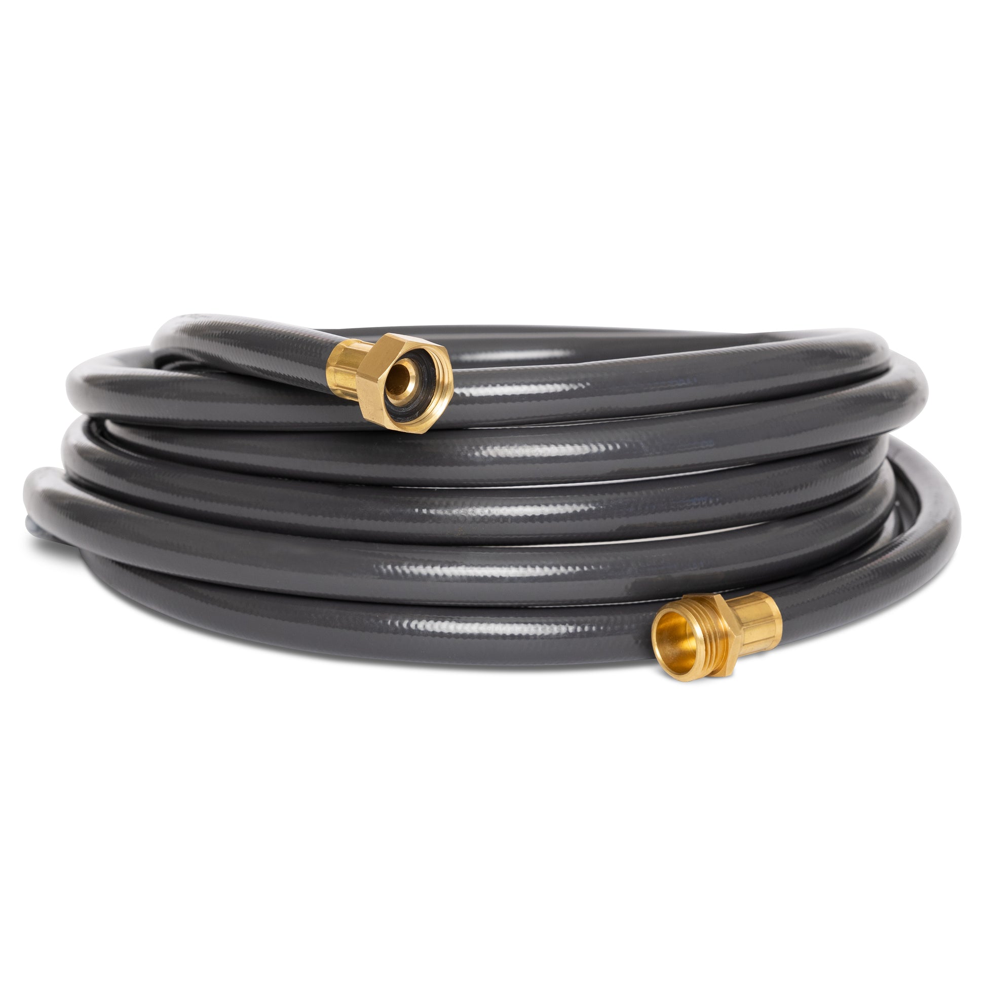 Charcoal 16ft leader hose extension with brass ends on white background