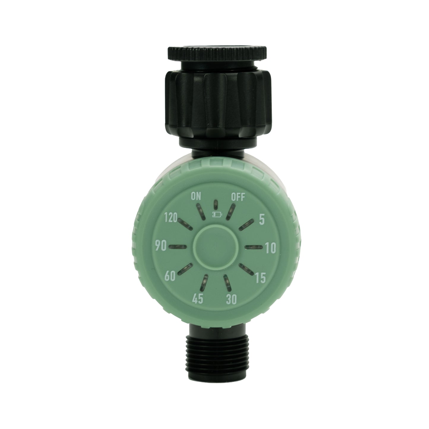 Manual Hose timer with sage green dial and black body on a white background