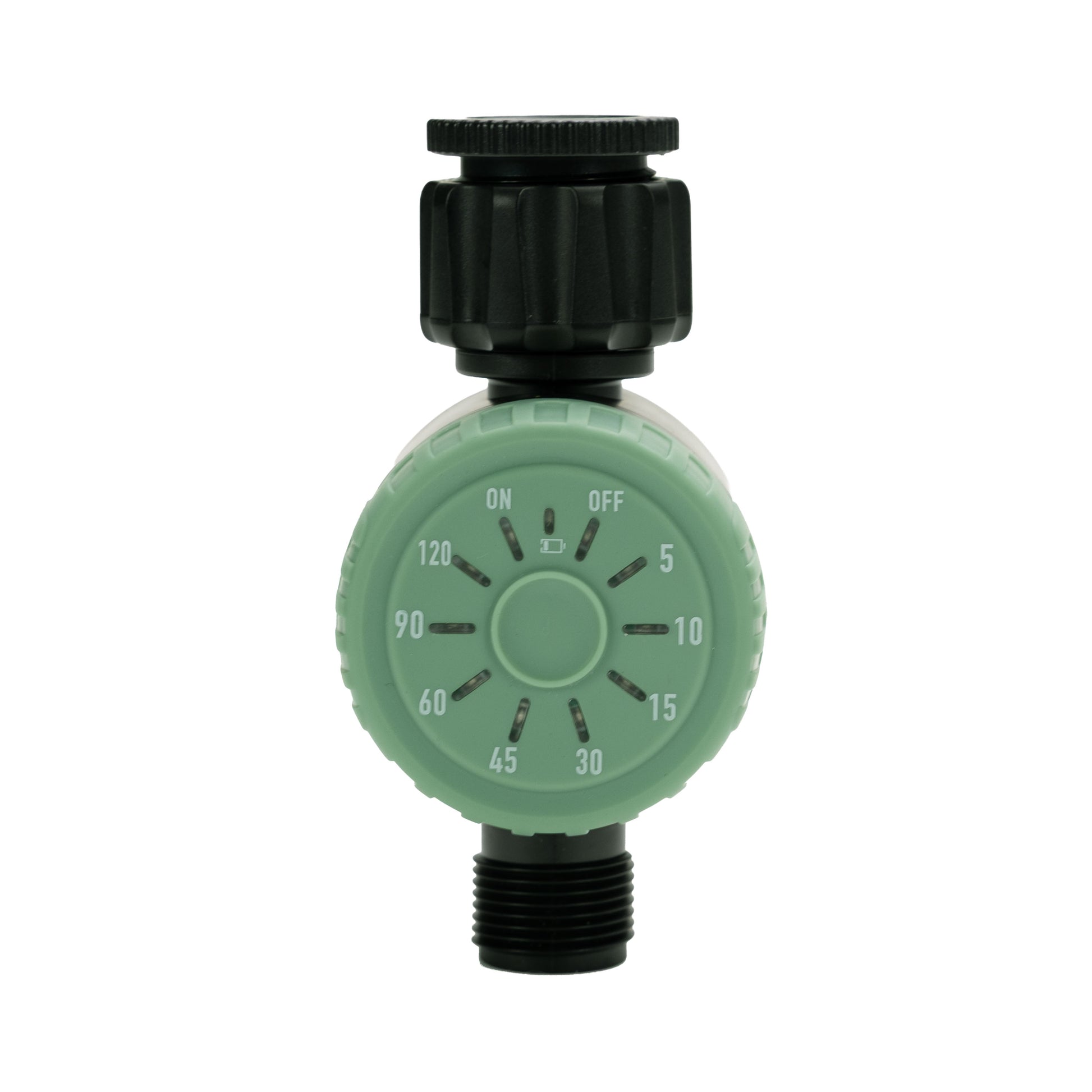Manual Hose timer with sage green dial and black body on a white background