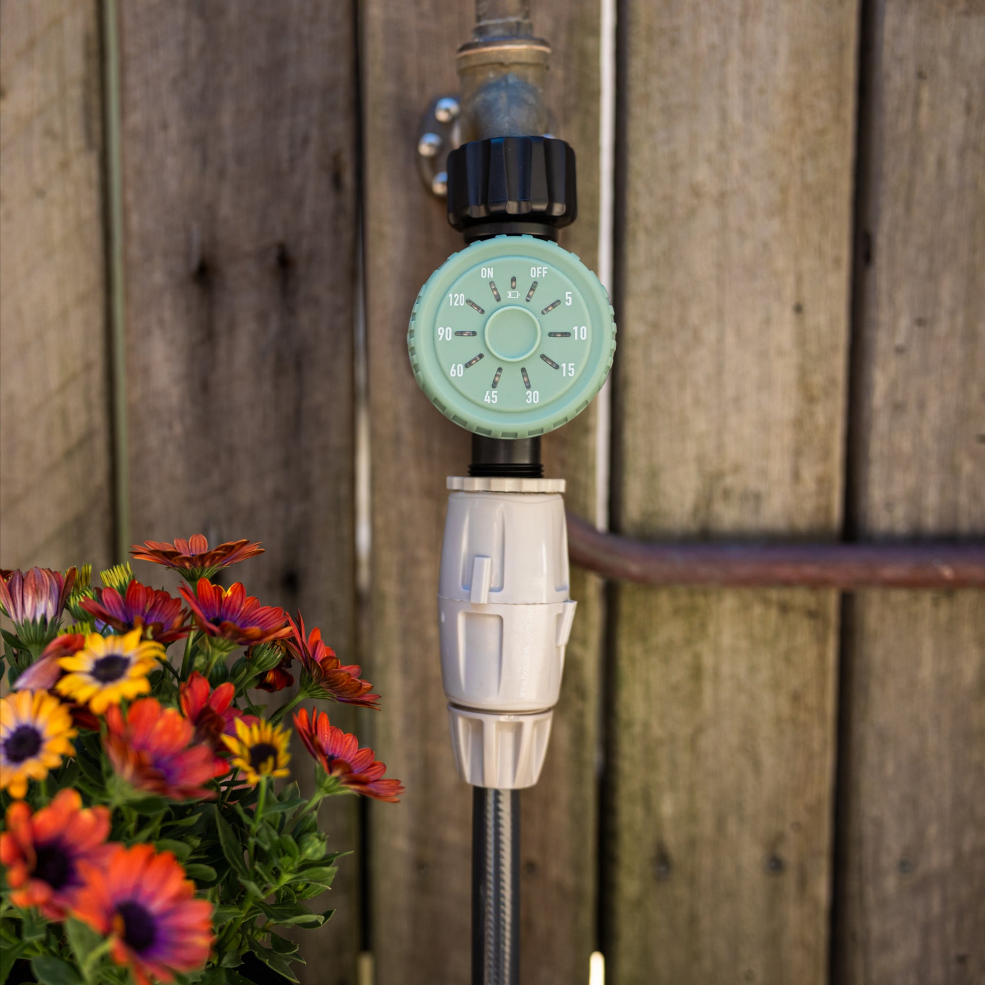 Sage manual hose timer with colorful flowers in front of a wooden fence