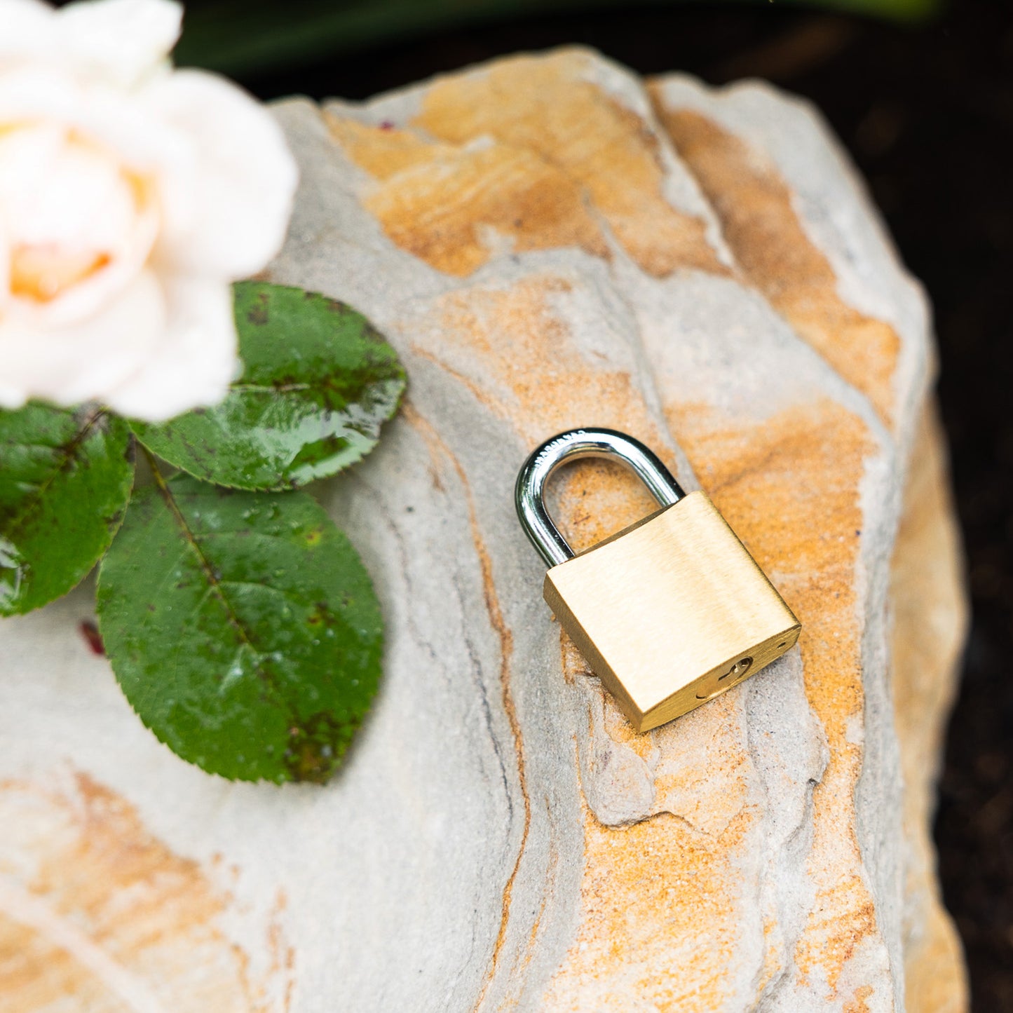 Image of the padlock laying on top of a stone wall. 