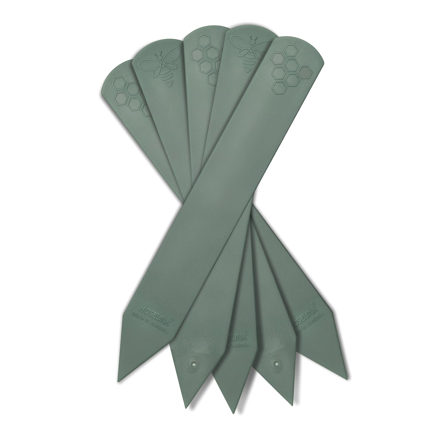 Set of five sage green recycled plastic plant labels on a white background