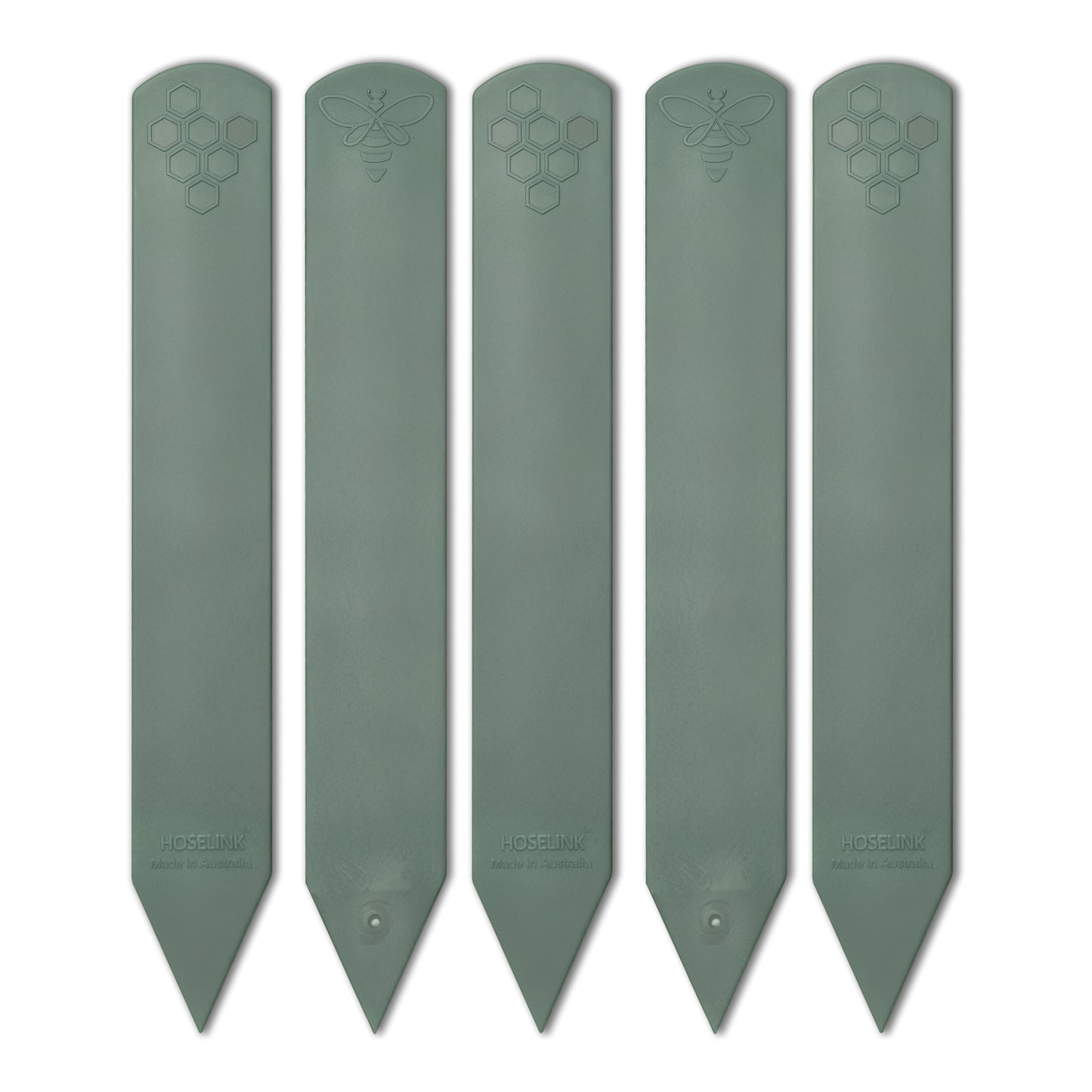 Set of five sage green recycled plastic plant labels on a white background