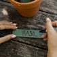 Person writing basil on a recycled plastic plant label on a garden bench