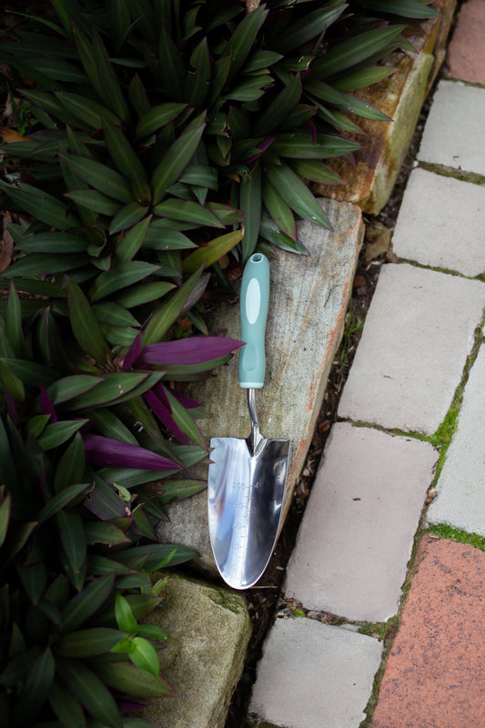 Trowel on a stone surface with plants and pavement in the background