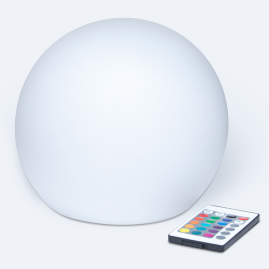 Solar Sphere 8in multicolor LED light with remote control on a white background