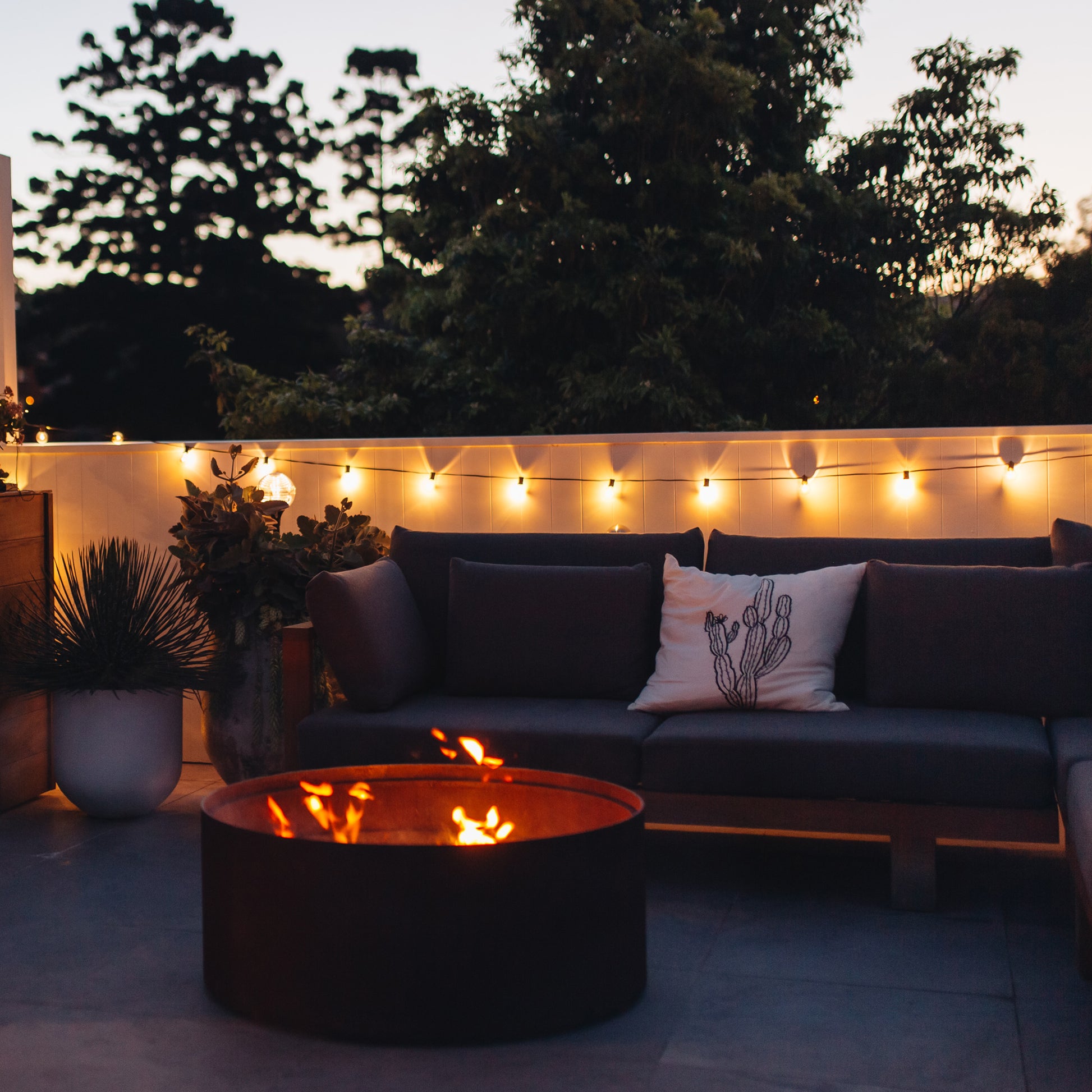 warm white solar party lights used to decorate an outdoor sitting area