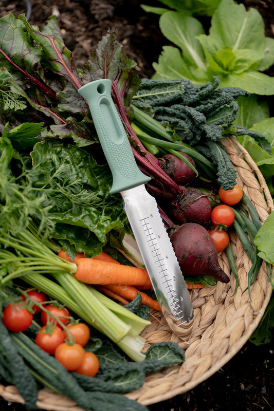 hori hori garden knife in a basket with vegetables