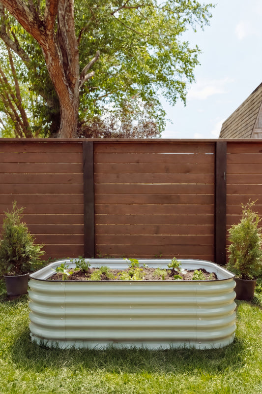 Metal garden bed with plants in a backyard setting
