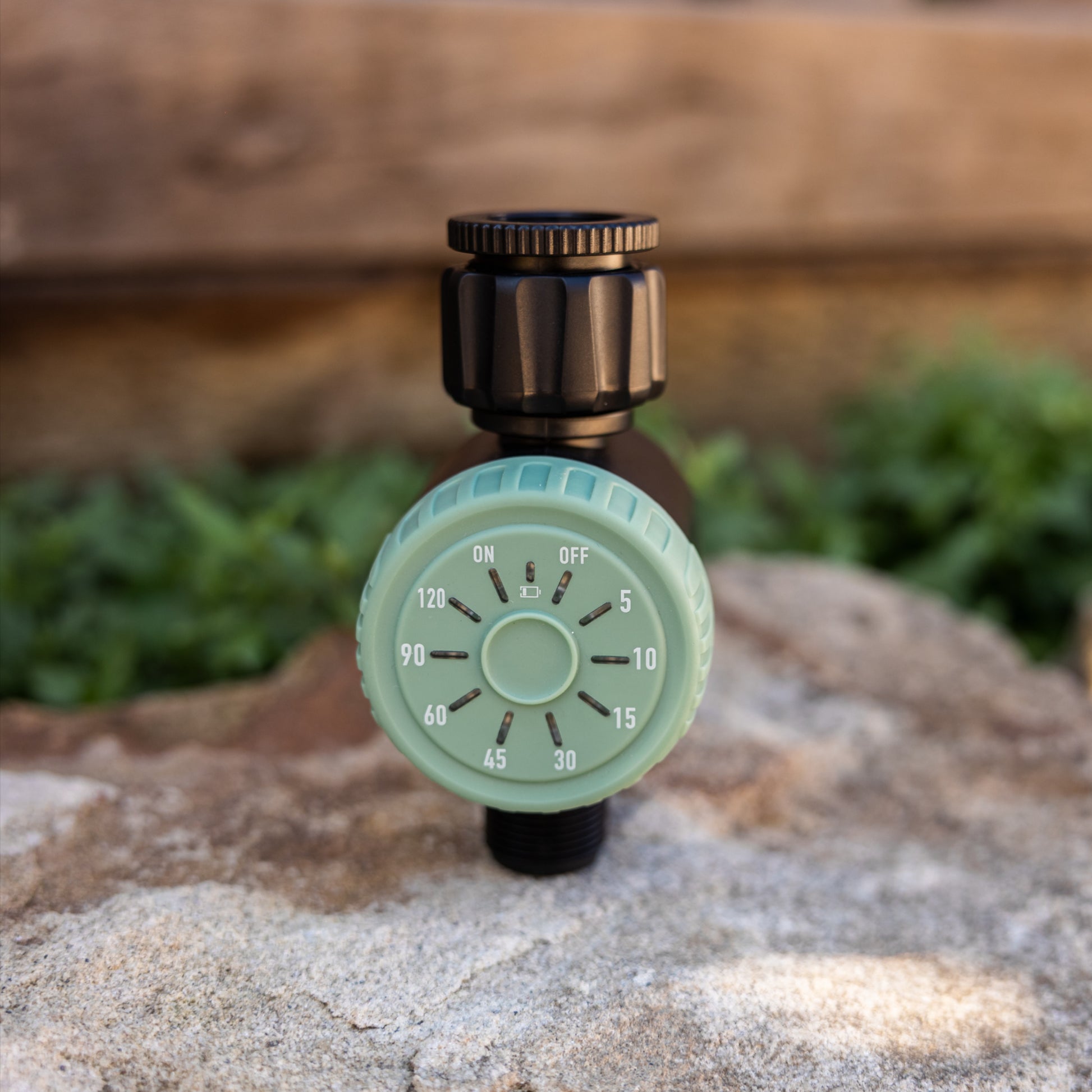 Sage green colored one-touch-timer sitting on a rock