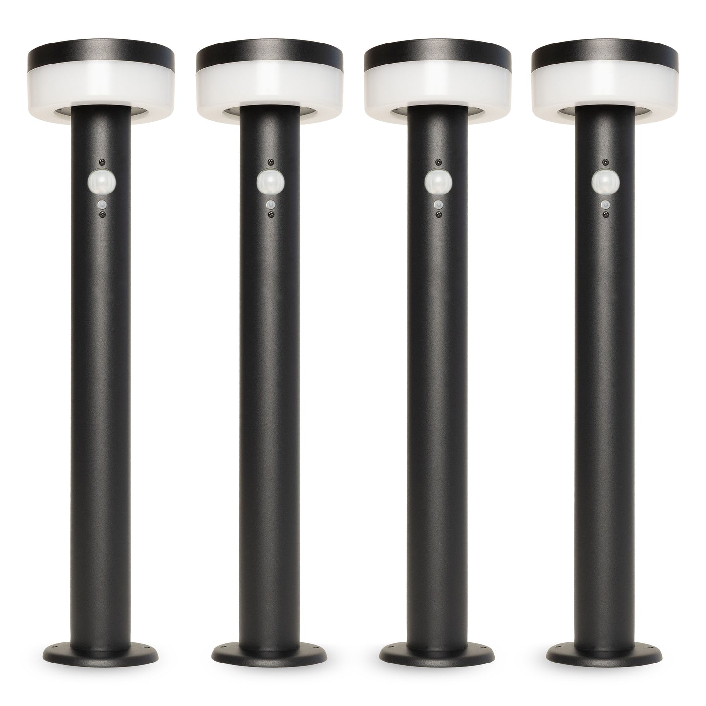Four black stanless steel solar bollards on a white background