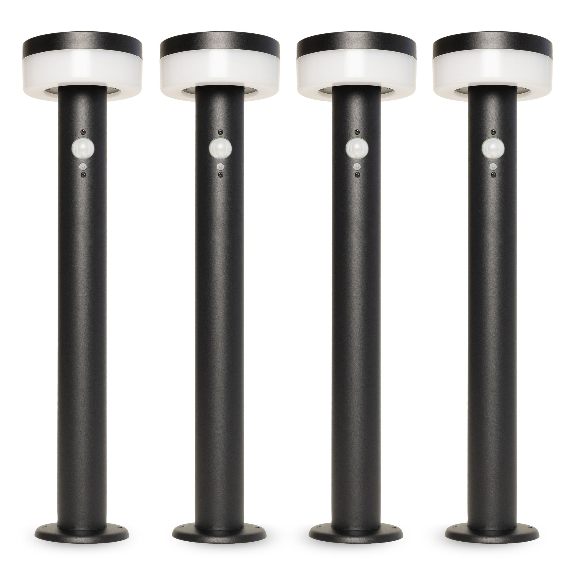Four black stanless steel solar bollards on a white background